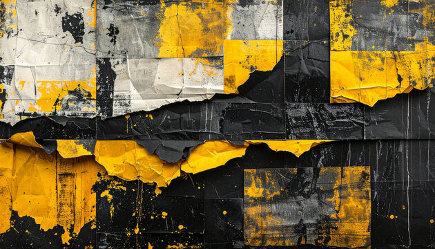 Abstract vintage collage in black and yellow tones, grunge textures, torn paper, layered shapes, worn - Powered by Adobe