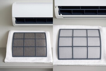 Dirty Air Conditioner Filter Covered in Dust on a White Towel
