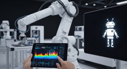 Robot arm with tablet displaying data and robot icon