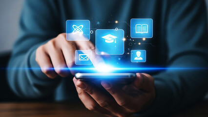 Mobile learning platform with diverse educational icons accessible via smartphone. online courses, knowledge, communication, and digital access.
