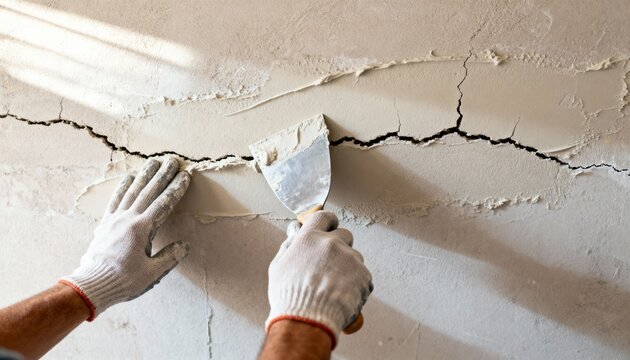 Midlevel shot of a hands smoothing drywall compound over cracks highlighting precise filling technique and wall restoration.