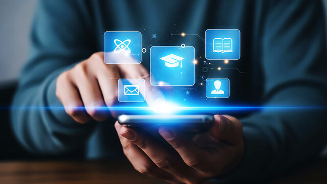 Mobile learning platform with diverse educational icons accessible via smartphone. online courses, knowledge, communication, and digital access.