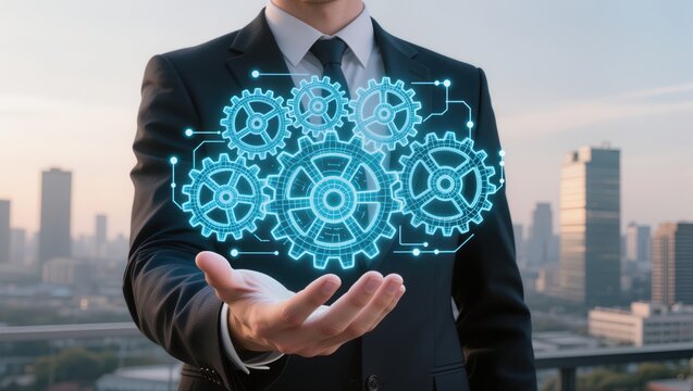 Business professional showcasing futuristic concepts with gears over a city skyline