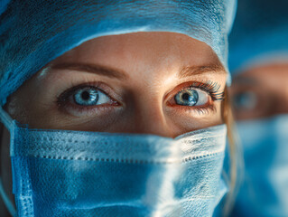 Focused medical professional with bright blue eyes wearing surgical cap and face mask highlighting dedication and care in healthcare environment