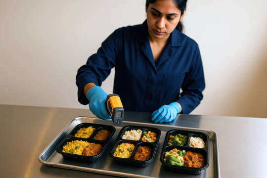 Worker Uses an Infrared Thermometer to Check Prepared Meal Trays