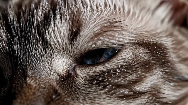 Close up extreme detail of blue feline eye iris intricate patterns and fur texture