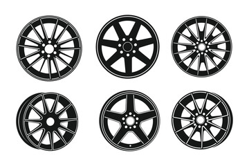 stylized car wheel rim silhouette vector icons