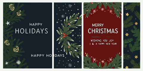 Festive christmas and happy holidays greeting cards with pine branches and snowflakes