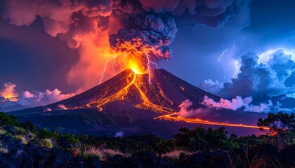 Volcano erupts, spewing lava rivers as lightning streaks across the sky during an intense, dramatic display of nature