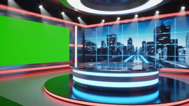 Modern virtual news studio for professional broadcasts with green screen ready for dynamic content insertion and sleek, high tech design elements