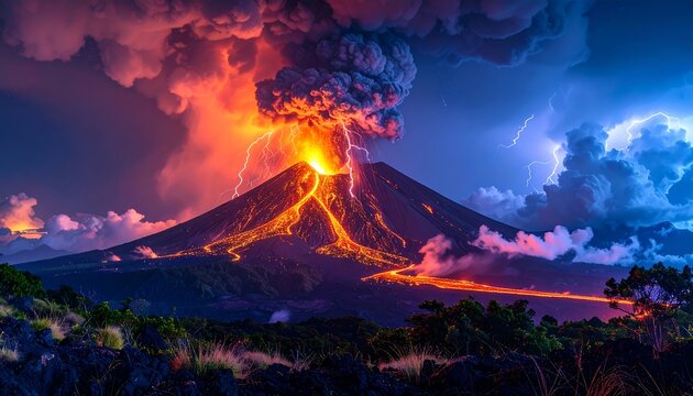 Volcano erupts, spewing lava rivers as lightning streaks across the sky during an intense, dramatic display of nature - Powered by Adobe