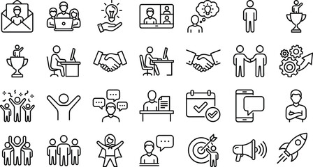Business teamwork success communication leadership idea start-up management target achievement development project planning line icon set vector