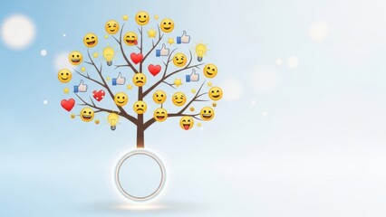 Social media tree with happy emoji characters blossoming on a pastel background