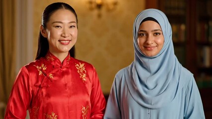 Smiling diverse women in traditional attire, embracing cultural harmony