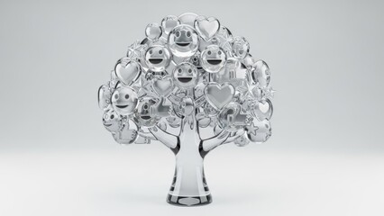 Conceptual tree made with emojis and social media symbols on a white background