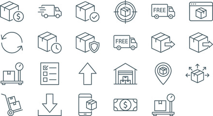 Shipping, Logistics, and Delivery Line Icon Set: E-commerce, Supply Chain, Tracking, Warehouse, Free Delivery, Secure Package, Time-Sensitive Transport, Order Management