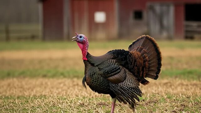 Wild Turkey Strutting Through Grassy Field with Farmhouse in Background, Showcasing Natural Beauty
