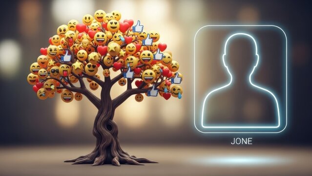 Emoji orchard reflecting social media impact, cultivated through connections and profile identity