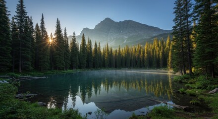 Serene mountain lake reflects towering evergreen forest bathed in morning sunlight