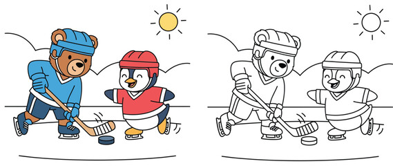Cartoon bear and penguin playing ice hockey. Vector illustration of animals skating. Coloring book page design with colored preview and black and white outline.