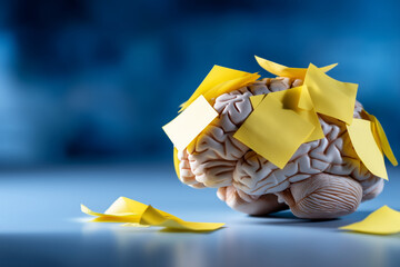Brain with sticky notes, yellow reminders covering, memory overload symbolism, task reminder concept, blue background contrast, mental organization visual, cognitive burden display