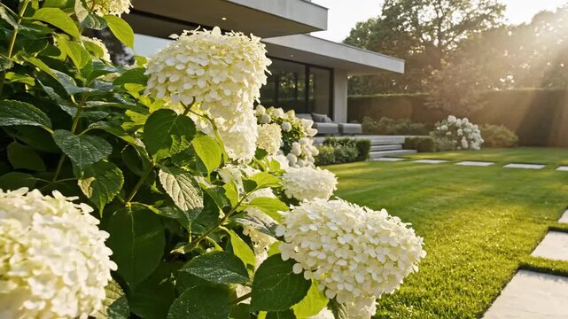 Lush green garden with hydrangea blooms and modern architecture in sunlight
