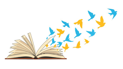 Open book with blue and yellow birds flying out
