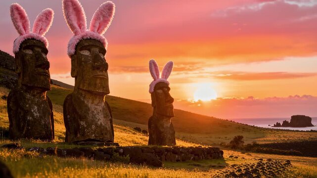  four ancient Moai statues on Easter Island wearing pink bunny ears, set against a stunning orange and gold sunset, blending cultural history and holiday whimsy.