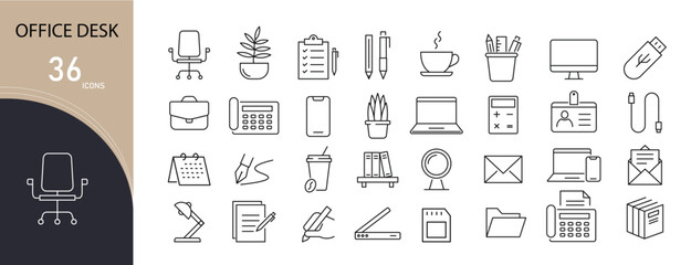 Office desk icons set for workspace, files, laptop, stationery, organization, and daily office tasks. Editable stroke.