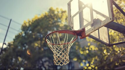 A low-angle close-up shot of a weathered outdoor basketball hoop and net backlit by the sun with a blurred background of green and yellow trees against a bright sky - Powered by Adobe