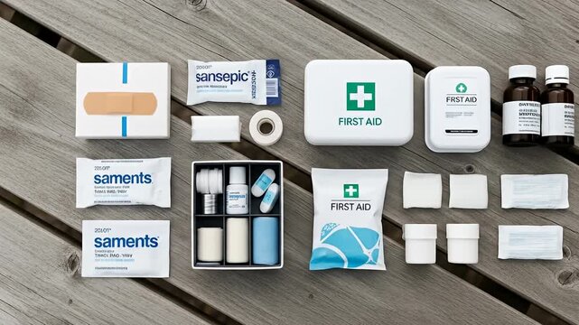 A variety of first aid supplies and kits laid out on a wooden surface.