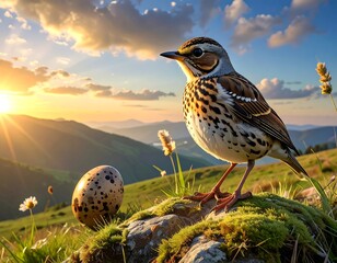 Bird stands on mossy rock, egg beside, at sunset in the mountains. Sunbeams and clouds brighten the horizon