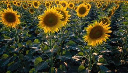 Vibrant Sunflower Field in Full Bloom Under Bright Blue Sky