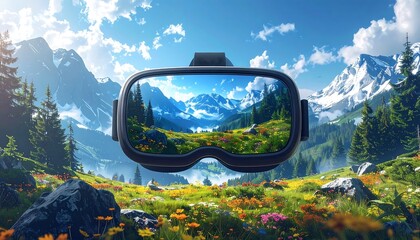 VR headset shows mountain view, wildflowers bloom, against bright blue sky, trees, and snow capped mountains