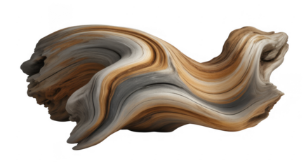Twisted weathered driftwood with swirling grain patterns in brown and grey tones isolated on a transparent background