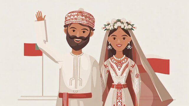 Omani Couple Wearing Traditional Wedding Attire with National Flags Illustration