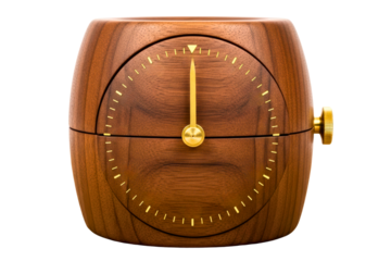 Wooden alarm clock with gold hands pointing to twelve isolated on transparent background