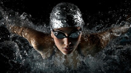 Fototapeta premium Female swimmer in motion, breaking through water surface with dynamic splashes and focused expression