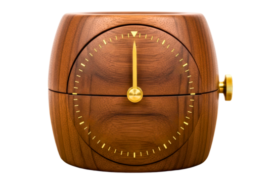 Wooden alarm clock with gold hands pointing to twelve isolated on transparent background - Powered by Adobe