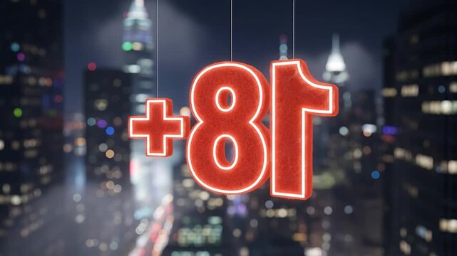 Neon 18 plus hanging sign rotating over blurred city skyline at night.