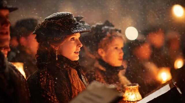 Victorian Women Singing Christmas Carols With Candlelight on a Snowy Winter Night