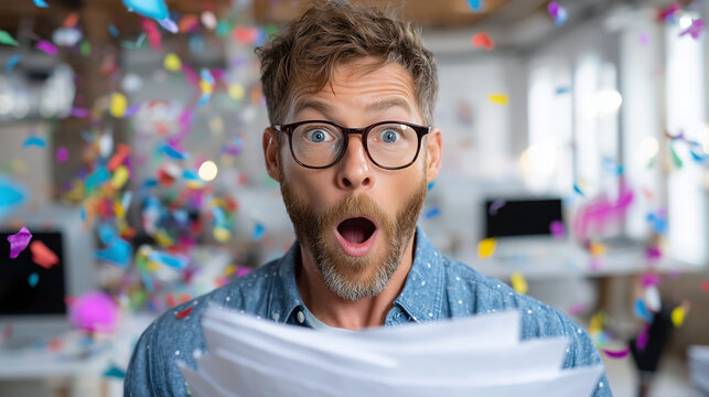 an emotional man in his thirties, with glasses and a short beard, is shocked by the thick stack of papers he's holding while confetti falls around him. he has an open mouth, as if - Powered by Adobe