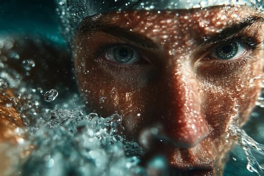 Close-up of determined female swimmer breaking through water surface with intense focus and energy