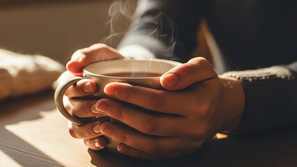 Hands gently warming a steaming mug of hot drink