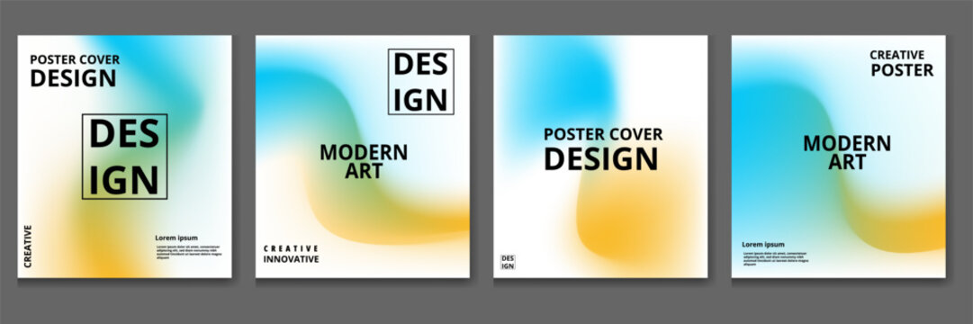 Set of four modern abstract square cover designs featuring vibrant blue and yellow gradient blurs with bold black typography for design and art promotion - Powered by Adobe