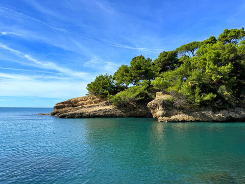  Sea, rocks and blue sky.