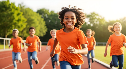 Obraz premium Energetic Children Pursuing Dreams Together Outdoor Activity Promotes Inclusion Joyful Childhood Experiences Through Sports Building Healthy Habits at School Fun Run Athletics