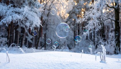 Bubbles float in wintery forest glade. Snow covers the ground; trees covered in frost glow in the bright sunlight