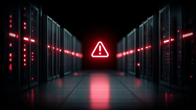 server outage, offline servers, warning symbol, dark data center, glowing red lights, cyber illustration, high detail, modern flat design, minimalistic, digital art