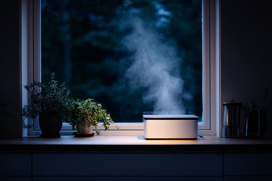 A sleek electric kitchen composter sits on a countertop, emitting steam at dusk